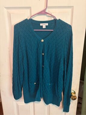 Liz Claiborne Teal Openwork Knit Cardigan with Gold Buttons